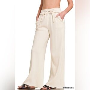 Zenana Outfitters Sand Beige Wide Leg Drawstring Pants